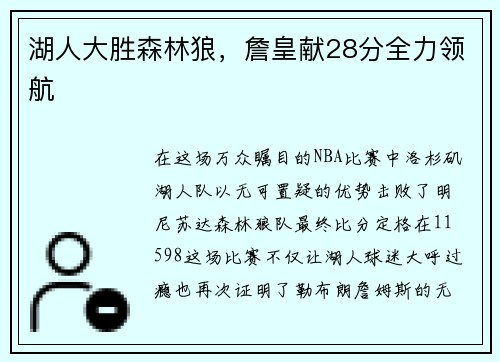 湖人大胜森林狼，詹皇献28分全力领航